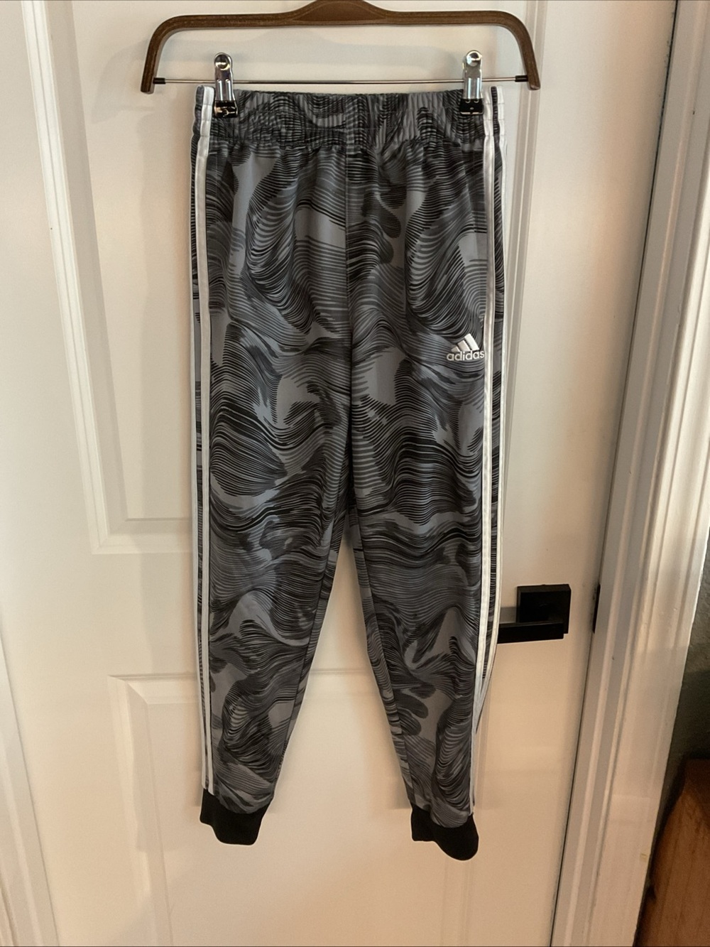 Adidas - Kids Gray Swirl Print Joggers with White Stripes - Boys Size 10-12